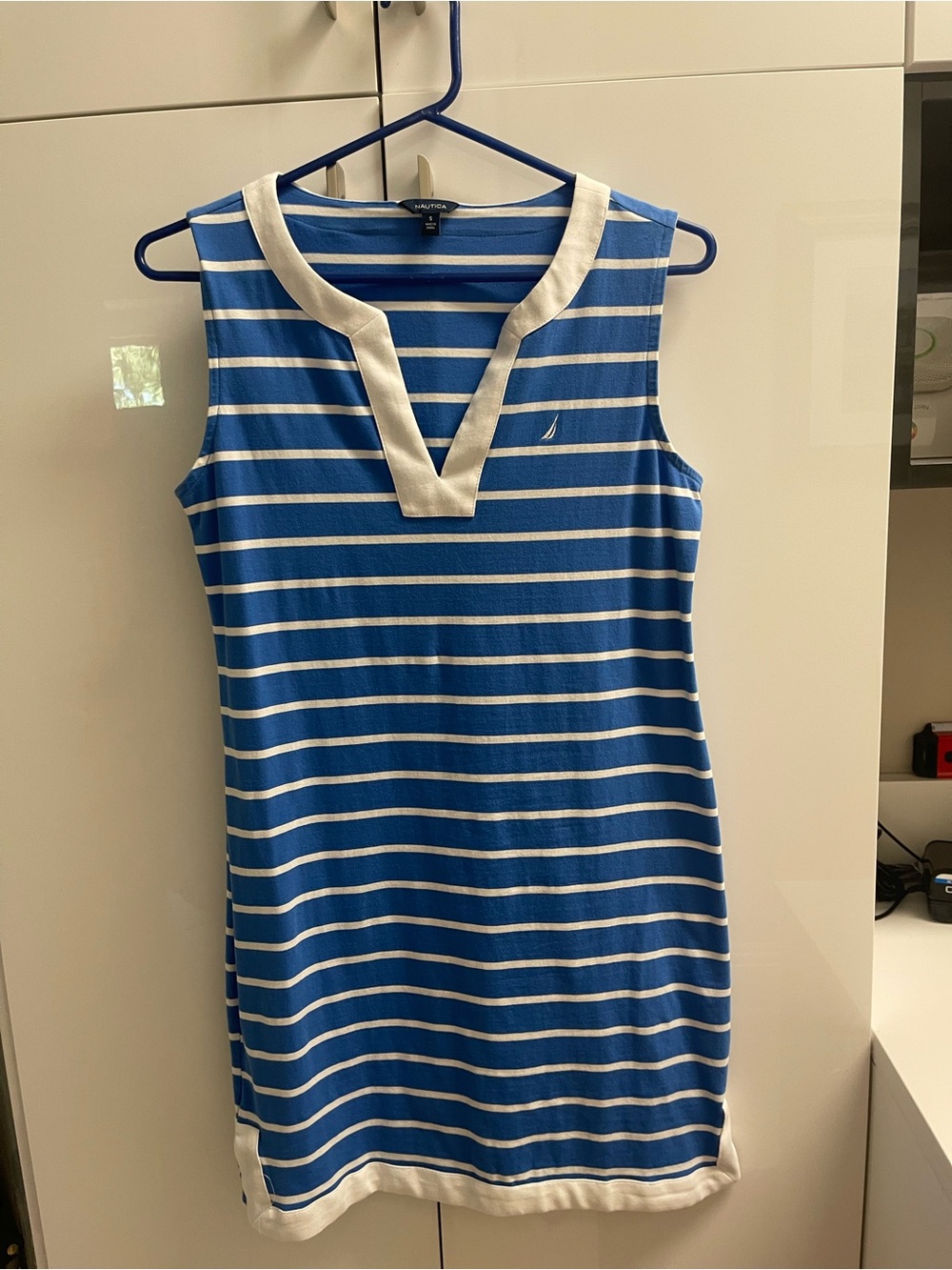 Nautica Blue and White Striped V-Neck Sleeveless Shift